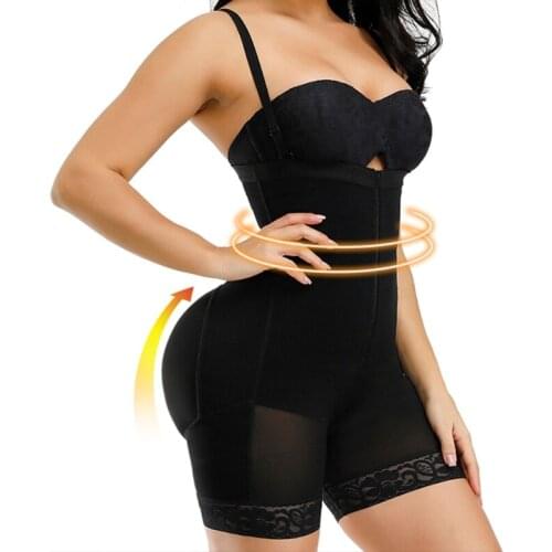 Women Tummy Control Slimming Body Shaper Seamless Butt Lifter Bodysuit Underwear Zipper Open Bust Waist Corset Lace Trim Shapewe