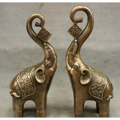 13" Folk Chinese Bronze JiXiang Wealth Fu Lucky 2 Elephants Love Statue Pair