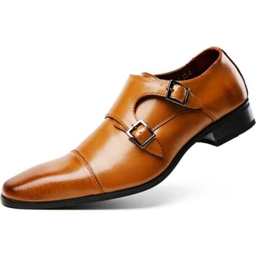 2019 Hot Genuine Leather Shoes For Men Wedding Office Dress Shoes Brown Patina Handmade Monk Strap Shoes Casual Footwear