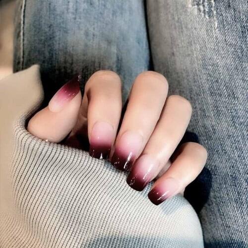 24Pcs/set New Fashion Design Fake Full Finger Nails Wine Red Gradient Color Acrylic False Nail Tips with Glue for Lady MH88