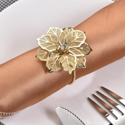 6Pcs Flower Design Napkin Rings Metal Gold Napkin Buckle Napkin Ring Holder Hotel Restaurant Wedding Party West Dinner Table