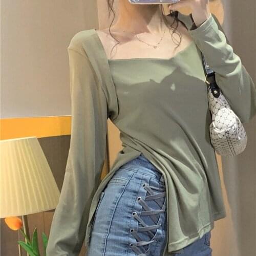 GUUZYUVIZ Long Sleeve Split Tshirt Women Casual Pullover Green V-neck Thin T-shirt Tops Solid Irregular Cropped Top Mujer
