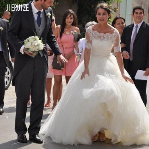JIERUIZE New Style Wedding Dresses Scoop Neck With Illusion Sleeves Lace Up Back Tulle Bridal Dresses Robe De Mariee Customize