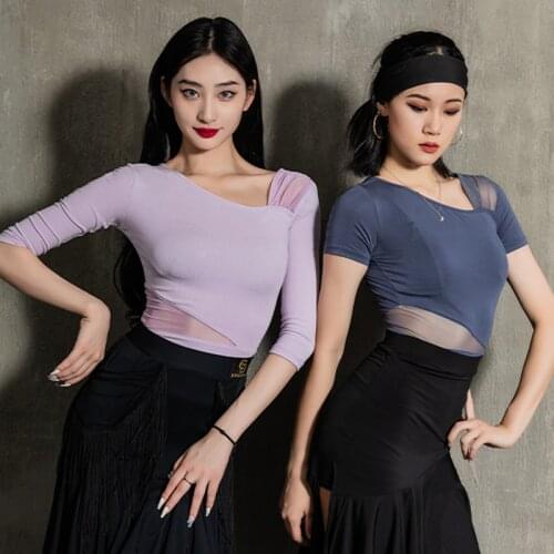 Summer Latin Dance Clothes Short Sleeves Shirts Women Practice Dance Wear Irregular Neck Rumba Modern Dance Tops Adult BL6811