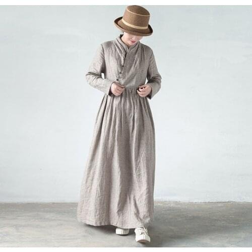 Khaki linen simple Chinese long dress long sleeve dress 2021021