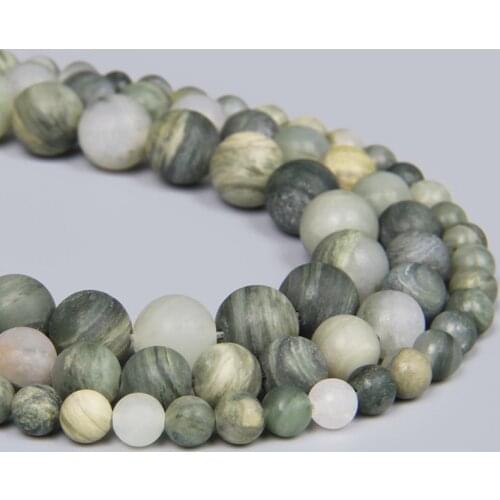 Natural Stone Frosted Green Grass Wooden Veins Charm Round Loose Matte Beads For Women Men Jewelry Making 15" Bracelet Necklace
