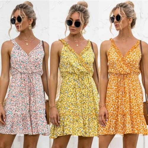 Hot Spring Fashion Floral Dress Casual Dresses For Women 2021 Summer Sexy Above Knee,Mini V-Neck Slip Dress Sweet Robe Femme