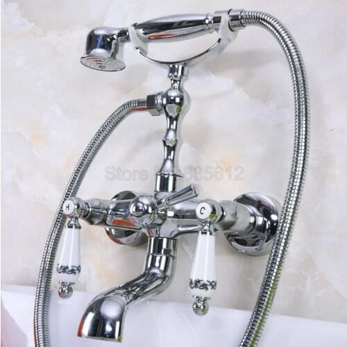 Polished Chrome Bathroom Bathtub Faucet Mixer Tap Wall Mounted Hand Held Shower Head Kit Shower Faucet Sets tna205