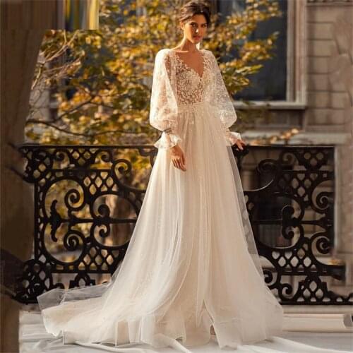 11095#Sheer Back Wedding Photography Dress A-Line V Neck Full Sleeve Bridal Gown Destination Custom Made Real Photo