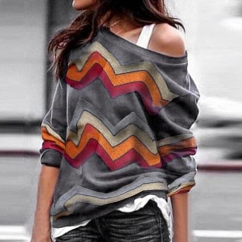 Autumn T-Shirts Women Sexy Off Shoulder Striped Tops Casual Long Sleeve Geometric Printing Ladys T-shirt Plus Size XL