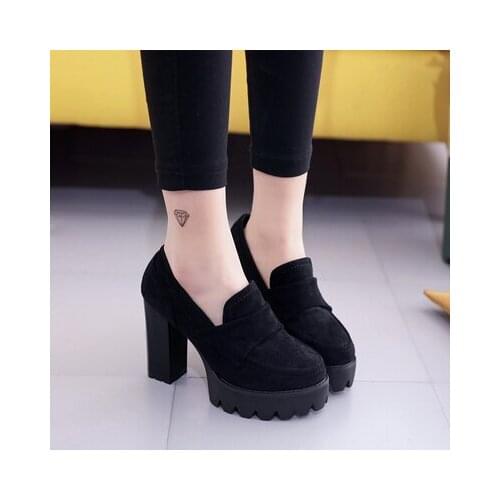 2020 Fashion Black Ankle shoes For Women Thick Heels Spring Autumn Flock Platform Shoes High Heels Black Zipper Ladies Boots