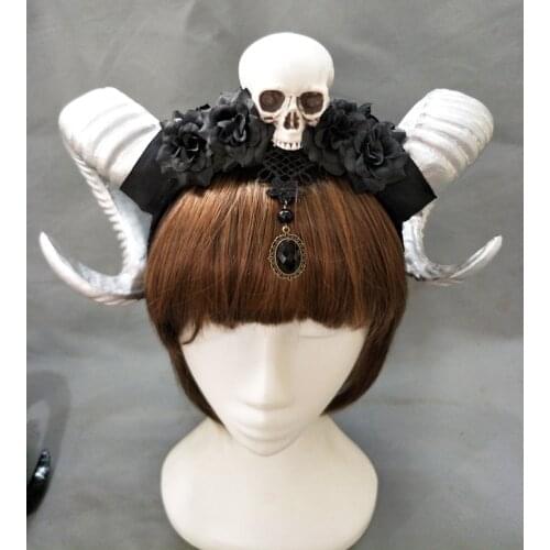 Handmade Steampunk Skull Flowers Horns Headband Female Floral Antler Halloween Headdress Hair Accessory Goth
