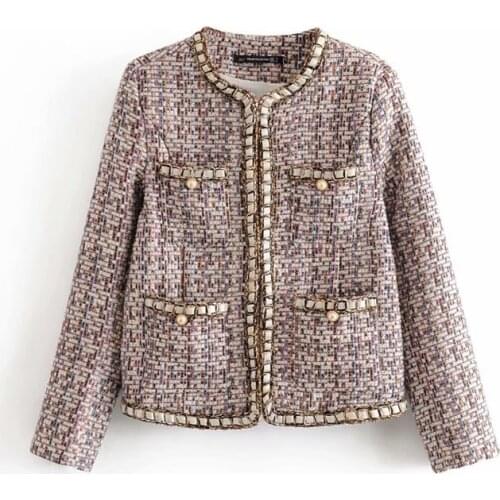 Nice Vintage Woman Colorful Pearl Button Cardigan New Vogue Ladies Autumn O-Neck Tweed Coats Female Elegant Purple Outerwear