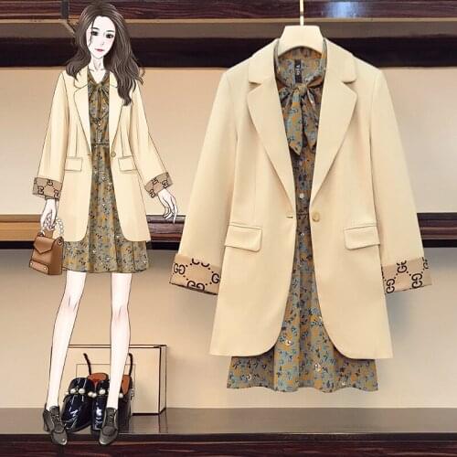 Real shot large womens 2021 spring dress new fat sister show thin suit coat dress two piece set 8796