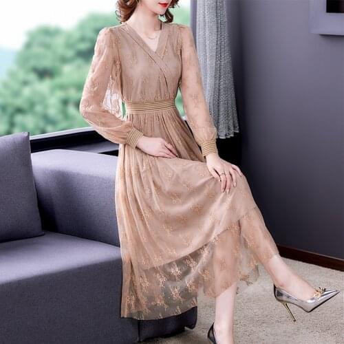 Spring Lace Floral Embroidery Mesh Midi Dress Autumn Women Vintage Casual Maxi Dress 2021 Elegant Bodycon Party Evening Vestidos