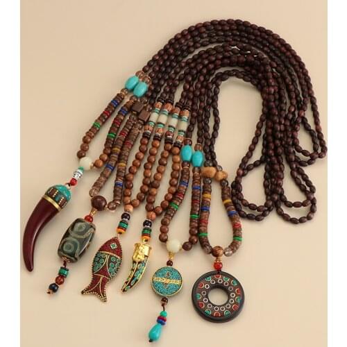 1PC Vintage Handmade Boho Necklace Buddhist Wood Beads Pendant Ethnic Fish Horn Long Statement Unisex Jewelry Lucky Gift