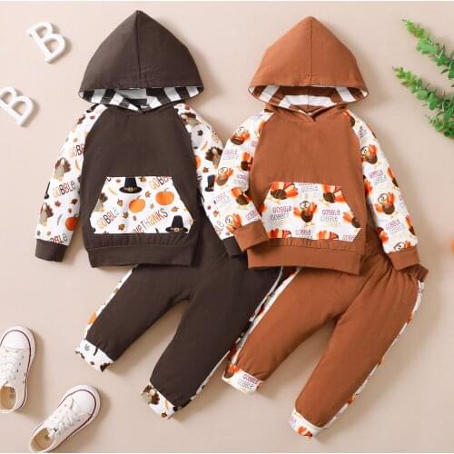 Lioraitiin 0-4Years Toddler Baby Boy Girl 2 Pcs Thanksgiving Day Outfit Cartoon Print Long Sleeve Hooded Sweatshirt Pants