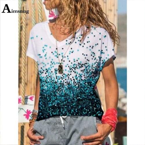 Aimsnug Plus Size 3xl Patchwork Dot Print Tees Shirt Women Casual Tshirt Latest 2021 Summer V-neck Loose Female Tops Pullovers