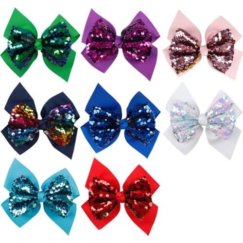 5 inches Hair Accessories Hair Bows for Girls Reversible Sequin Double Layers Solid Ribbon Bows Kids Hair Clips Hairpins