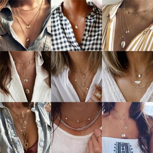 10 Styles Retro Bohemia Necklaces Gold Shell Crystal Multi-layered For Women Prom Anniversary Wedding Jewelry Gift Accessories