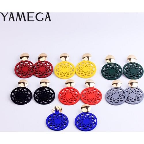 YAMEGA Big Round Hollow Natural Wooden Earrings Yellow Statement Colorful Gold Drop Earrings For Women Lady Girls Jewelry Gift