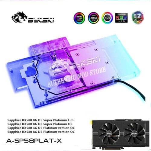 Bykski A-SP58PLAT-X Full Cover GPU Water Block for Sapphire RX580 Nitro + Graphics Card, VGA 5V A-RGB / 12V RGB /*Liquid Cooler