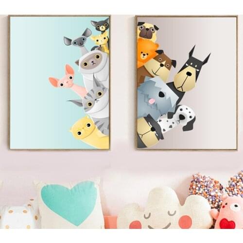 Home Decoration Nordic Style Canvas Hd Painting Cartoon Cats Dogs Pictures Wall Art Prints Simple Modular Poster For Living Room
