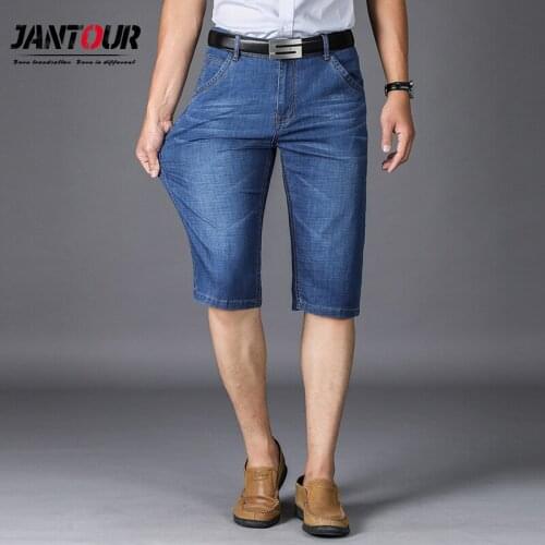 Jantour Summer High-quality Cotton Stretch Straight Leg Lightweight Denim Shorts Men Trendy Blue Thin Jeans Cropped Jeans 40 42
