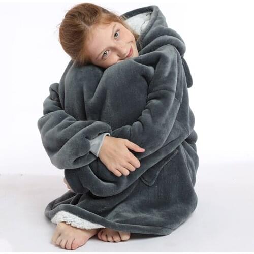 Flannel Girl Sleepwear Thicken Oversized Children Hoodie Sweatshirt Outdoor Wearable Warm Hooded Sherpa Blanket Height 120-160cm