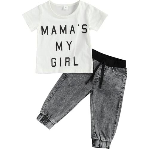 2021 MAMA MY GILR Toddler Baby Girl Clothing Letter Print Short Sleeve White T-shirt+Denim Slim Pants Fashion Summer 2pcs Set