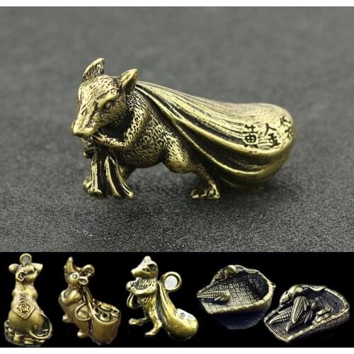 Mini Brass Rat Money Bag Corn Blessing Statue Good Luck Pocket Figurines Home Office Desk Decor Ornament Key Pendant Toy Gift