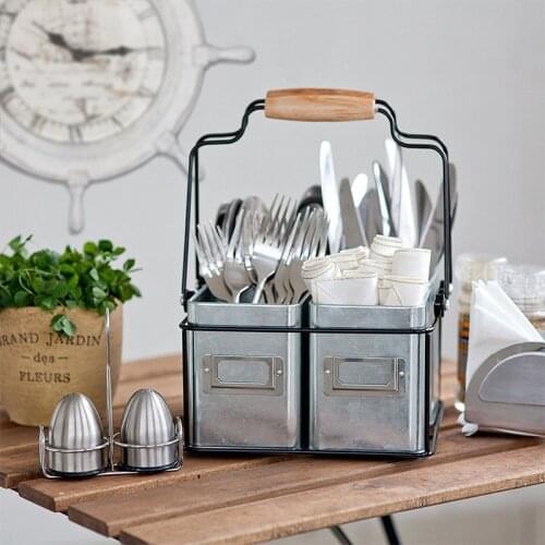 Multiple Usage Wood Handle Handmade Wire Basket Caddy With 4 Galvanized Zin boxes Kitchen Racks Desktop Tableware Storage Basket