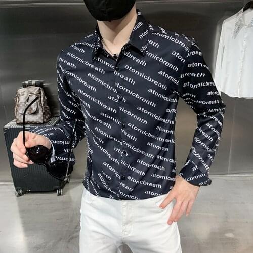 2021 Autumn Mens Full Letter Print Shirt Slim Long Sleeve Casual Shirt Business Formal Dress Shirts Social Party Chemise Homme
