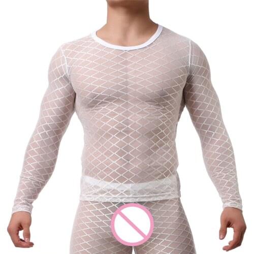 Mens Undershirts Sexy Mesh Long Sleeve Gay Transparent Tops Tees Singlet Lingerie Fishnet T Shirt Underwear Club Wear Sleepwear