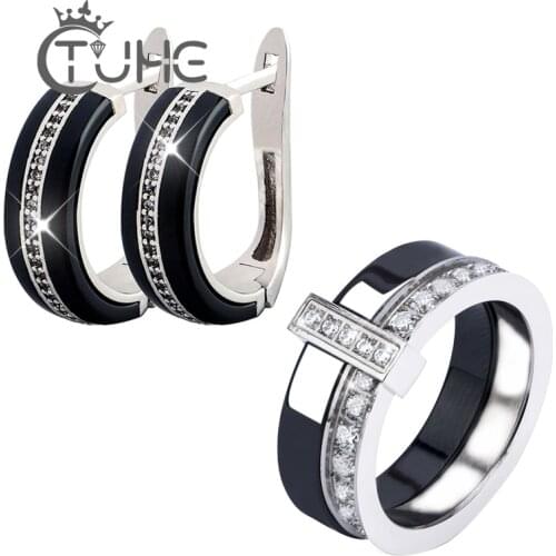 Ceramic U Ben Shape Earrings 7mm Rings Wedding Jewelry Set Inlay Luxury Crystal Bridal Ceramic Jewelry Set Gifts For Bridesmaids