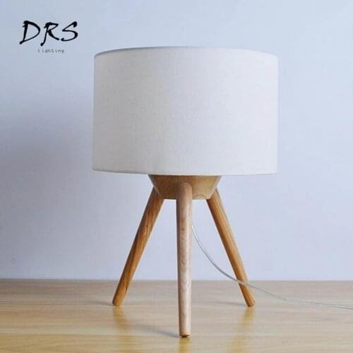 DRS Nordic Wooden Tripod Table Lamps Fabric Lampshade Wood Table Light for Bedroom Bedside Study Room Deco Desk Lights Fixtures