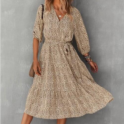 Spring Long Sleeve Midi Dress Women Autumn Leopard Dot Print Loose Casual Dresses 2021 Fashion Elegant Clothing