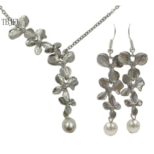 Drop shipping 1 set hot sell silver color jewelry sets artificial peal wedding necklace earrings set for women C013