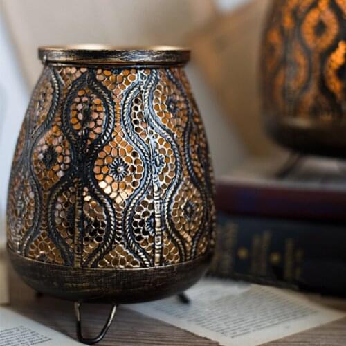 Retro black gold hollow carved holder made old craft lantern for candle night light indoor home decorations accessories