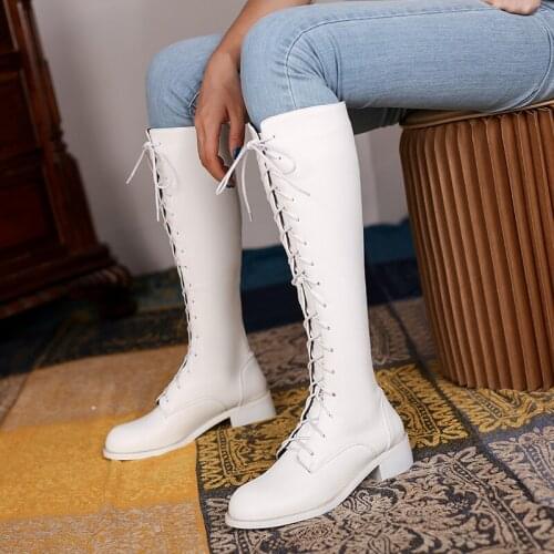 Lace Up Knee High Boots Fashion Women Cross Strap PU Leather Boots Autumn Winter Knee High Boots Ladies Thick Heel Zipper Boots