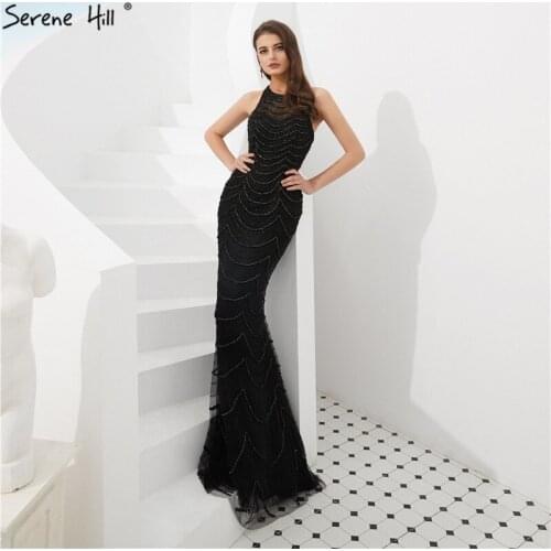 Sexy Sleeveless Black Beading Evening Gowns 2020 O-Neck Mermaid Fromal Dress Women Elegant Serene Hill LA6554