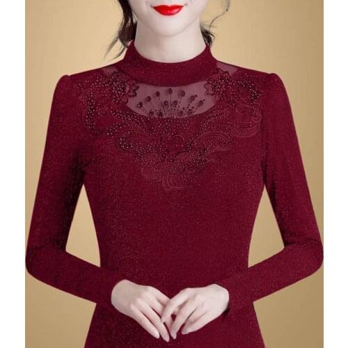 Sexy Hollow Woman Tshirts Embroidered Lace Top Autumn Winter Large Size Long-Sleeved T-shirt Tops Mujer Camisetas M-5XL Y759