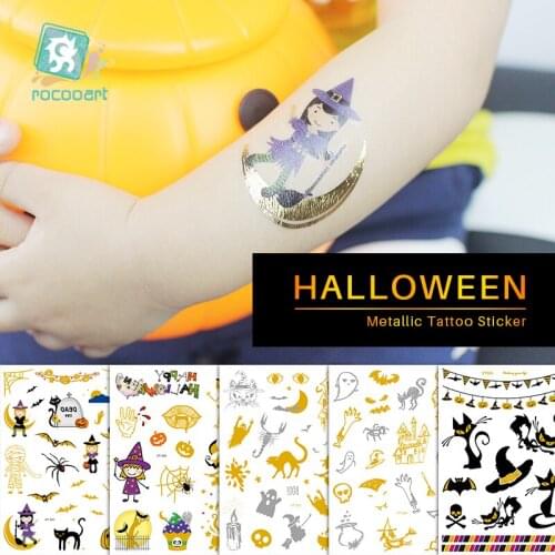 Rocooart Halloween Tattoo Stickers Metallic Temporary Tattoo Cartoon Flash Tatto For Kid Body Art Fake Taty Children Hand Tatoo