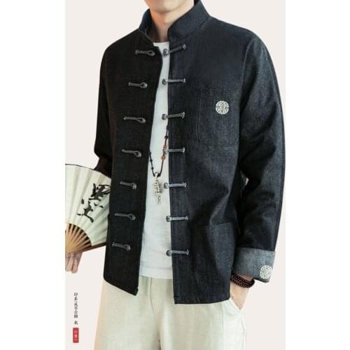 Spring Autumn Chinese style mens Chinese-style denim jacket retro buckled Tang suit youth large size jacket national costume