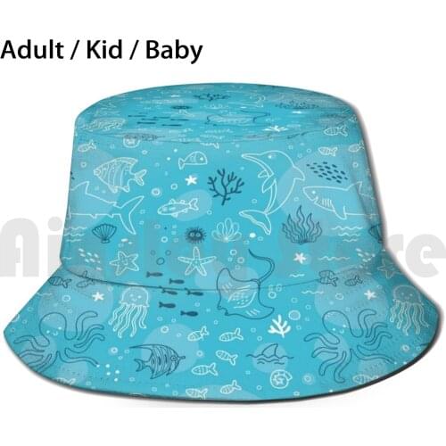Magical Marine World Sun Hat Foldable UV Protection Blue Dolphin Mammal Intelligent Turtle Sea Ocean Water Surf Beach