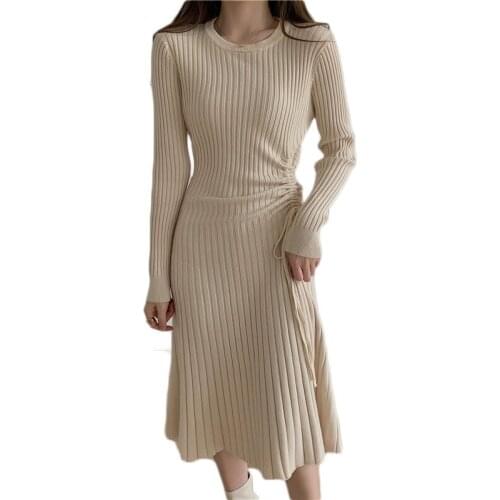 WSYORE French Retro Sexy Sweater Dress Women Spring and Autumn Slim Long Sleeve Knitted Drawstring Dress Winter Dress NS2720