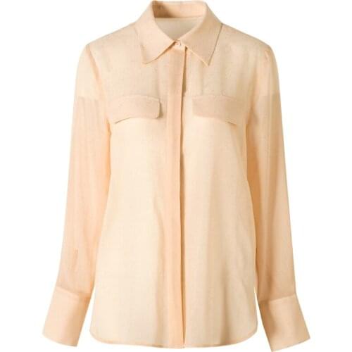 Autumn Pure Silk Pockets Shirt 100% Mulberry Silk Gold Wire Bling Women Long-Sleeve Loose Blouse M L XL FREE SHIPPING