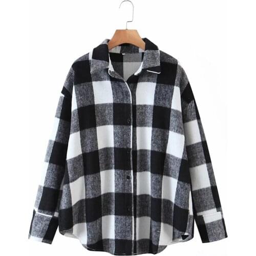 Vogue Spring Autumn Womens Plaid Print Black Long Shirt Jackets Girls Casual Single Breasted Loose Thick Woolen Outwear