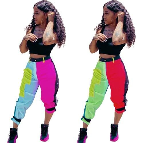Echoine Long Pants Womens Color Matching Patchwork Casual Street Wear Colorful Sweatpants Joggers High Waist Sports Pantacourt