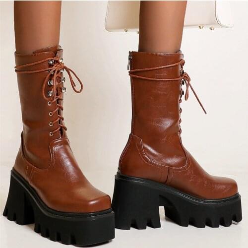 Lace Up Winter Warm Riding Boots Women Round Toe High Heel Motorcycle Boots Female High Top Chunky Platform Pumps Casual Shoes
